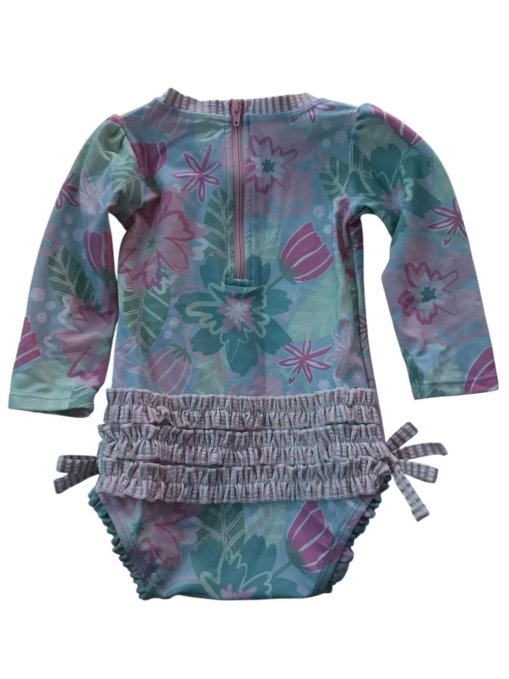 Ruffle Butts Floral Long-Sleeve One-Piece in Mint, Pink and Lavender